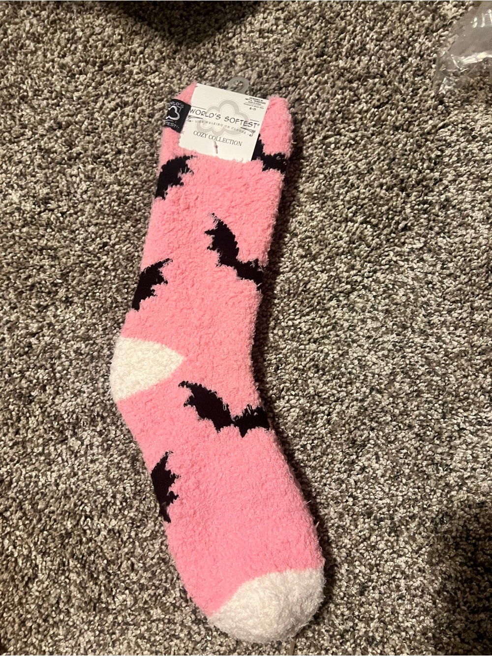 World's Softest Cozy Collection Pink Fuzzy Socks with Black Bat Motif